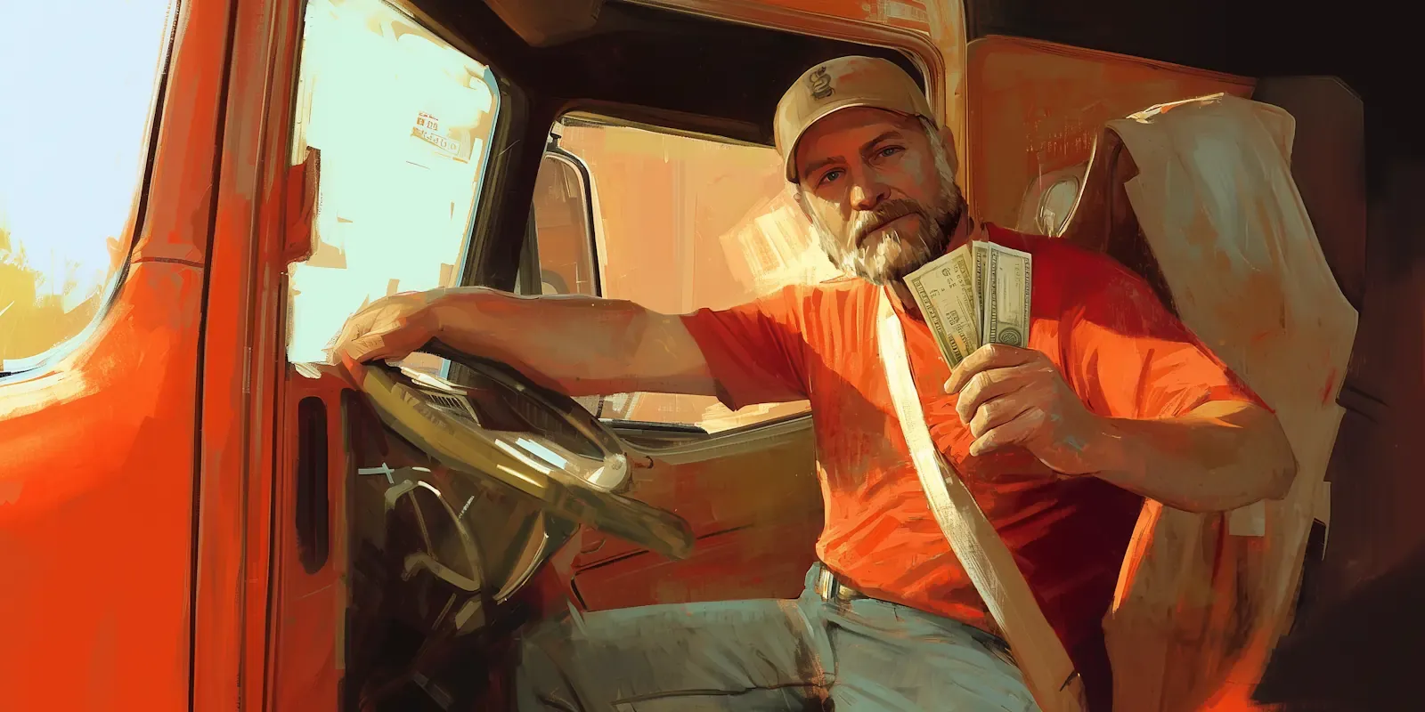 An AI-generated illustration of a truck driver holding out a few cash bills.
