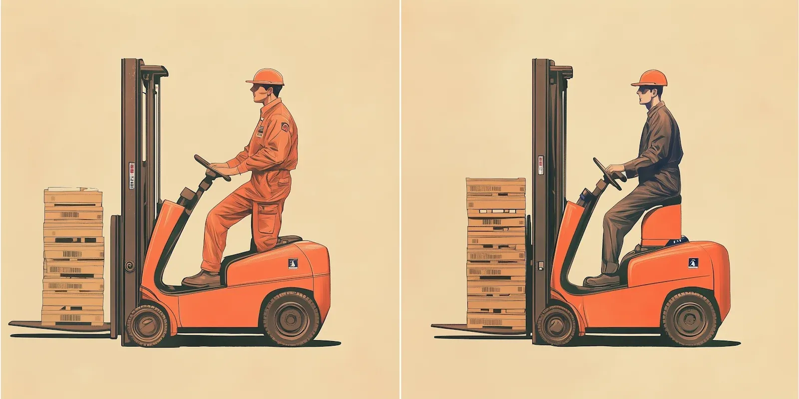 An AI-generated illustration of two similar forklift drivers, side-by-side.