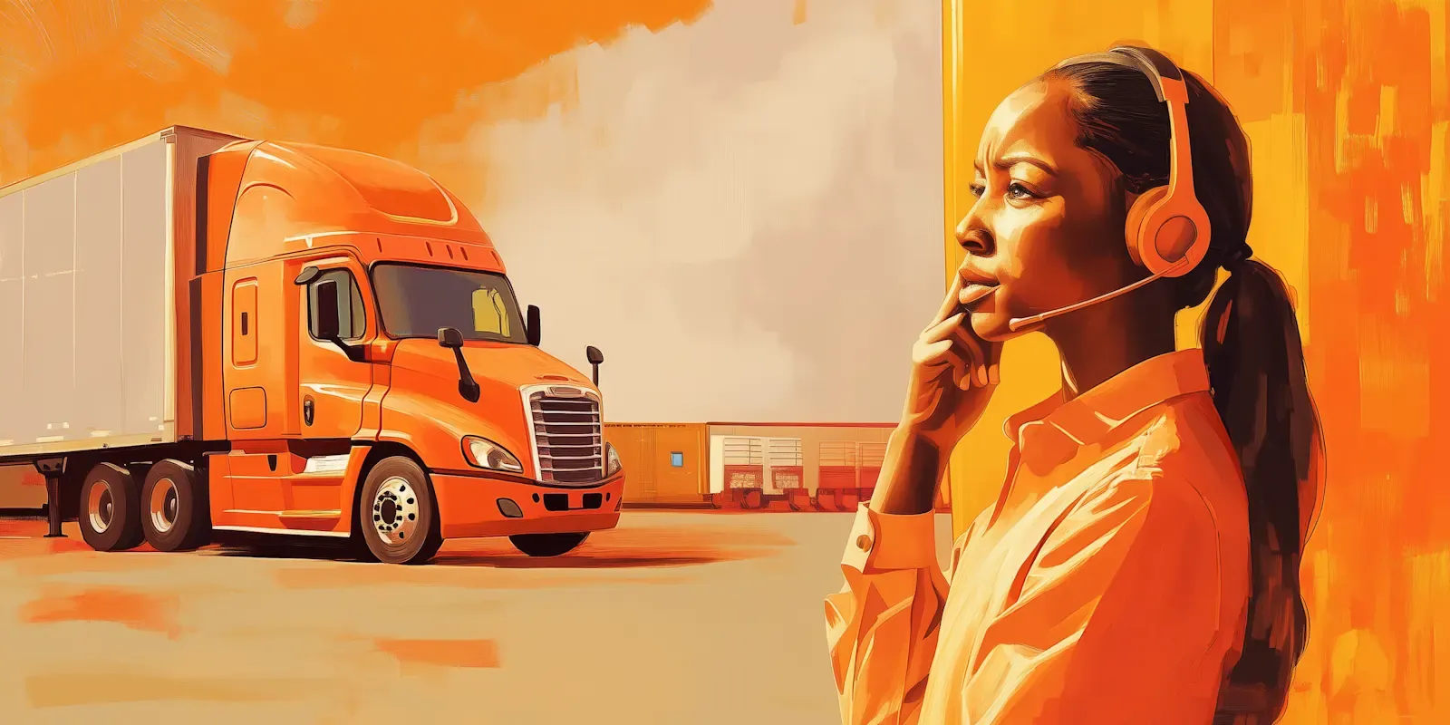 An AI-generated illustration of a logistics coodinator outside the facility, taking a call on her headset