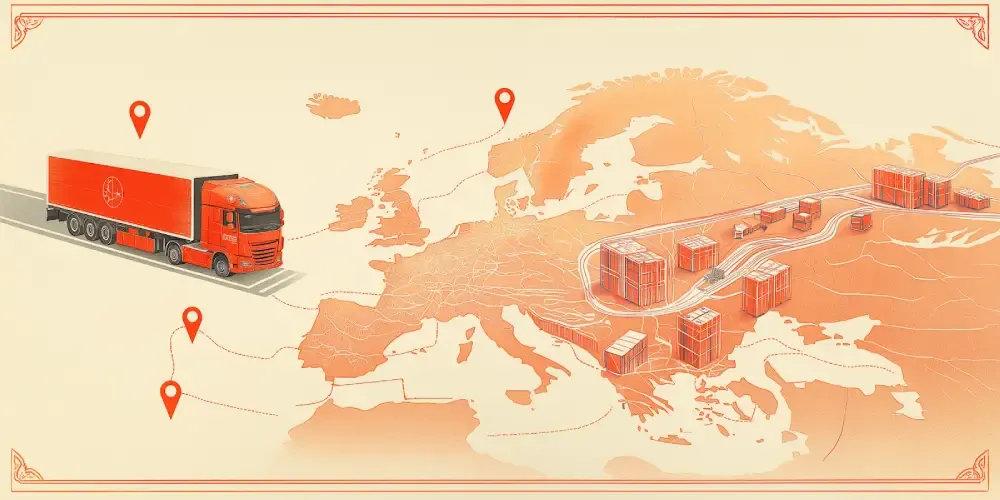Illustrated map showing a red freight truck traveling across Europe with supply chain nodes and location markers, representing international logistics and distribution routes.