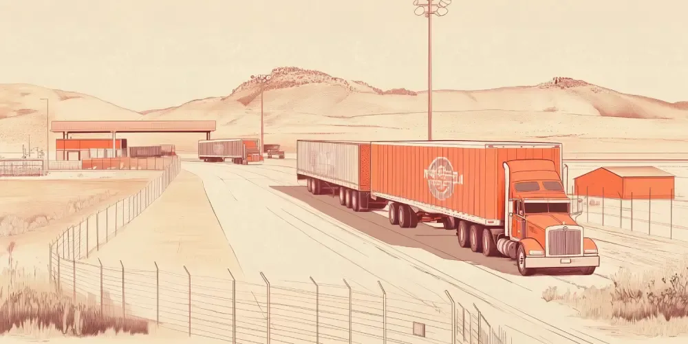 Multiple semi-trucks lined up at a fenced border checkpoint in a desert setting, representing cross-border freight transportation and customs clearance.