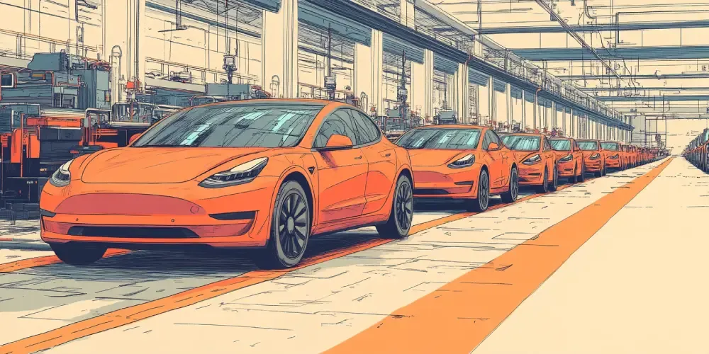 Orange cars on an automated assembly line inside a modern factory, showcasing automotive manufacturing and production efficiency.