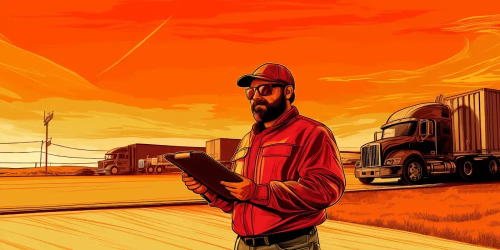 Truck dispatcher with a clipboard standing in front of multiple parked freight trucks under a dramatic sunset sky, depicting fleet management operations