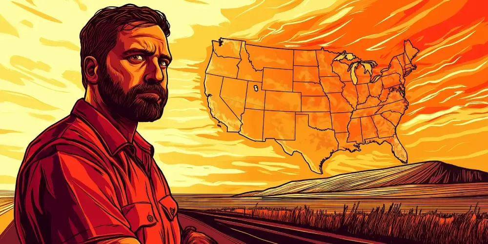 Bearded truck driver in red shirt standing beside a highway with a US map in the sky, representing national freight transportation routes