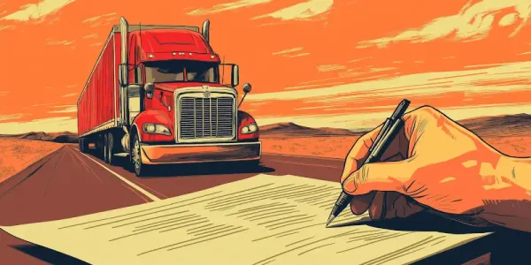 Illustration of a freight contract being signed beside a truck.