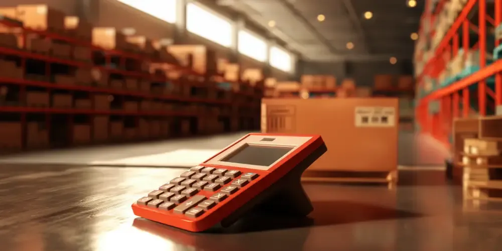Red calculator on work surface with stacked boxes and warehouse shelving blurred behind, symbolizing warehouse cost tracking and inventory calculations
