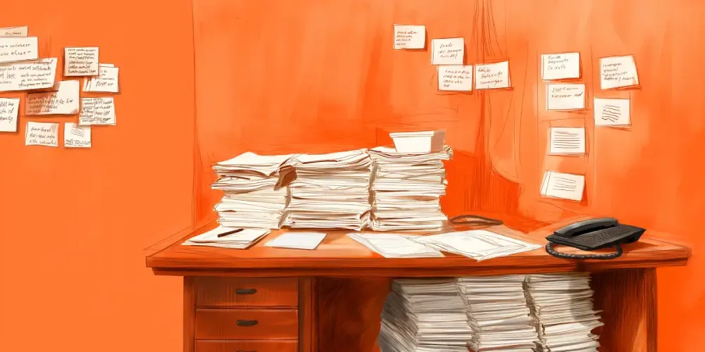Cluttered office desk with large stacks of paperwork and sticky notes on orange walls, representing administrative overload or inefficient paper-based systems