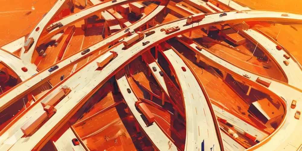 Aerial view of a complex highway interchange with trucks and cars, illustrating the challenges of logistics, transportation infrastructure, or supply chain networks