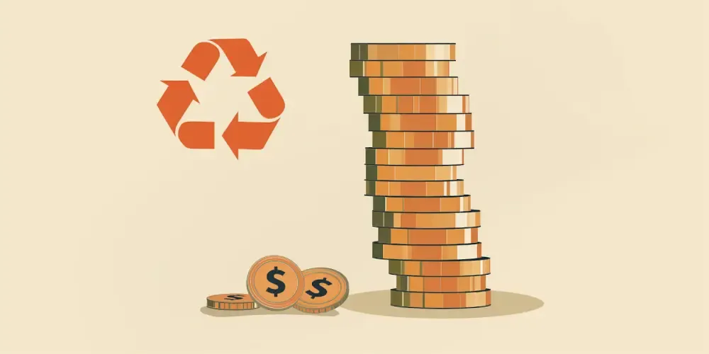 Orange recycling symbol next to a tall stack of coins