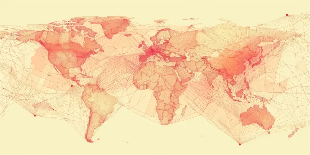 World map overlaid with a network of red lines connecting major regions, visualizing global supply chain, shipping routes, and international logistics connections