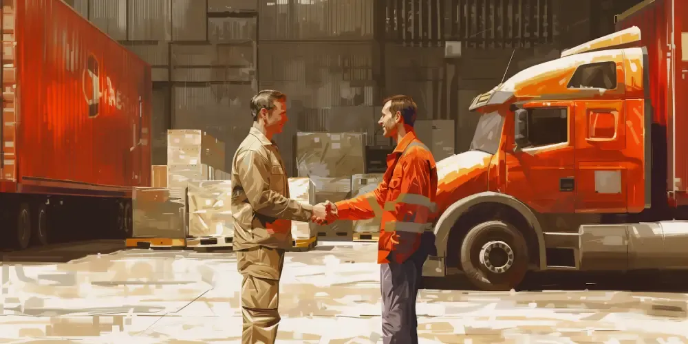 Two logistics professionals shaking hands in a warehouse with red shipping containers, representing partnership, collaboration, or successful freight agreements