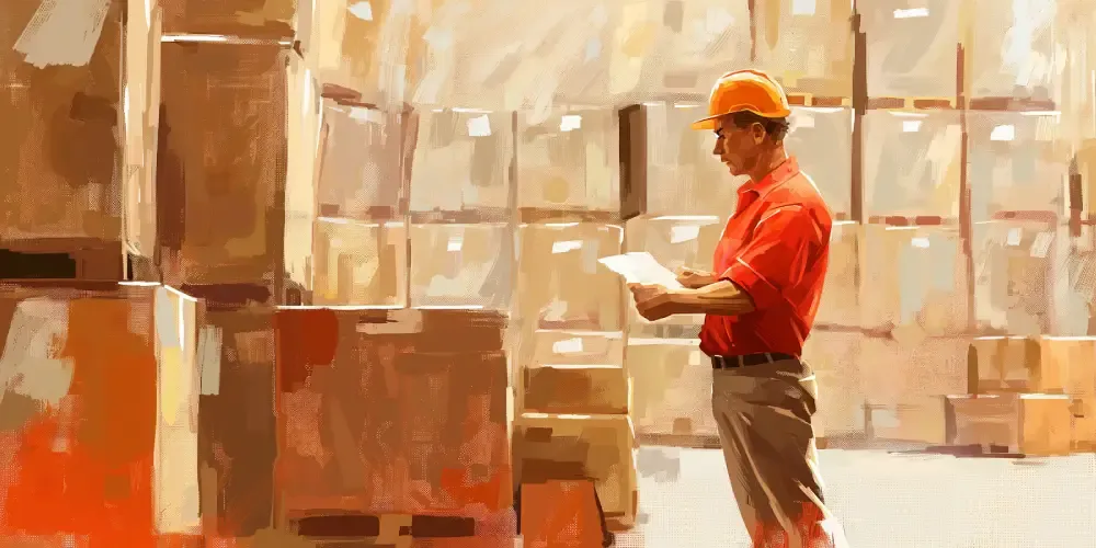 Warehouse worker in an orange helmet checking a clipboard while surrounded by stacked cardboard boxes, illustrating inventory management and supply chain operations