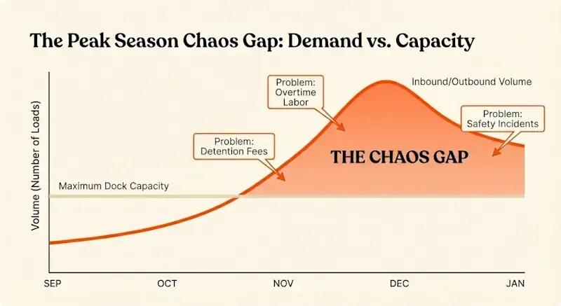 Chart showing peak season demand exceeding warehouse capacity, creating a chaos gap with issues like detention fees, overtime labor, and safety incidents