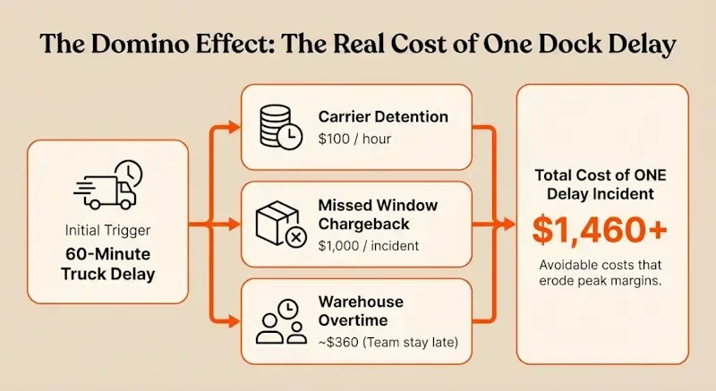 Diagram showing how a 60-minute truck delay leads to detention, chargebacks, and overtime, totaling over $1,460 in costs