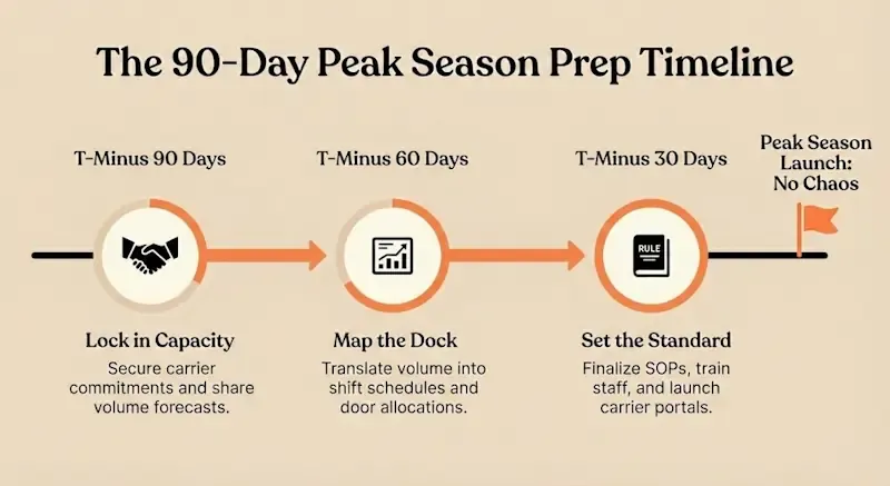 Timeline showing 90-day peak season preparation steps: lock in capacity, map the dock, and set standards leading to peak season launch