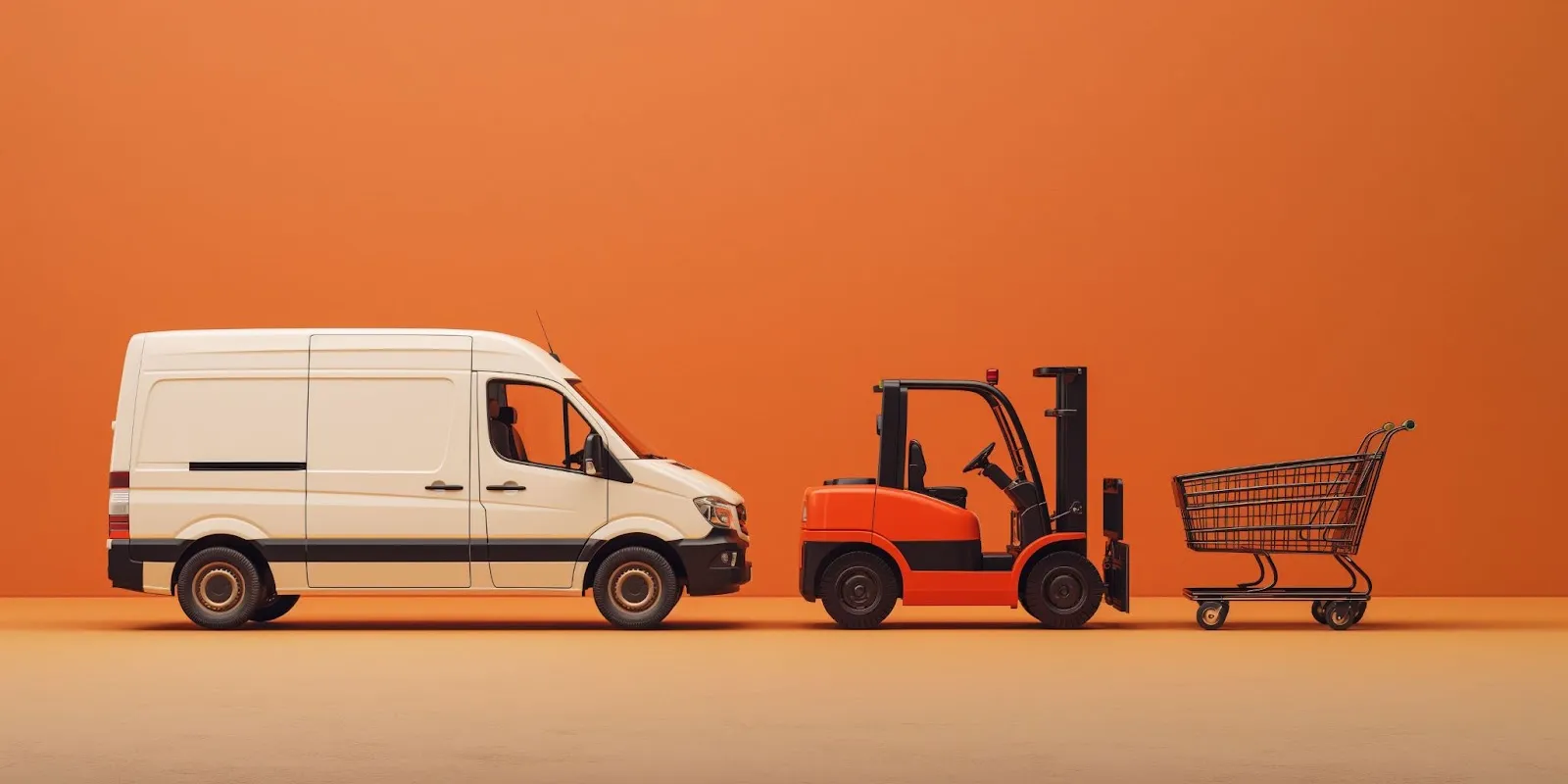 Delivery van, forklift, and shopping cart representing the supply chain process on an orange background