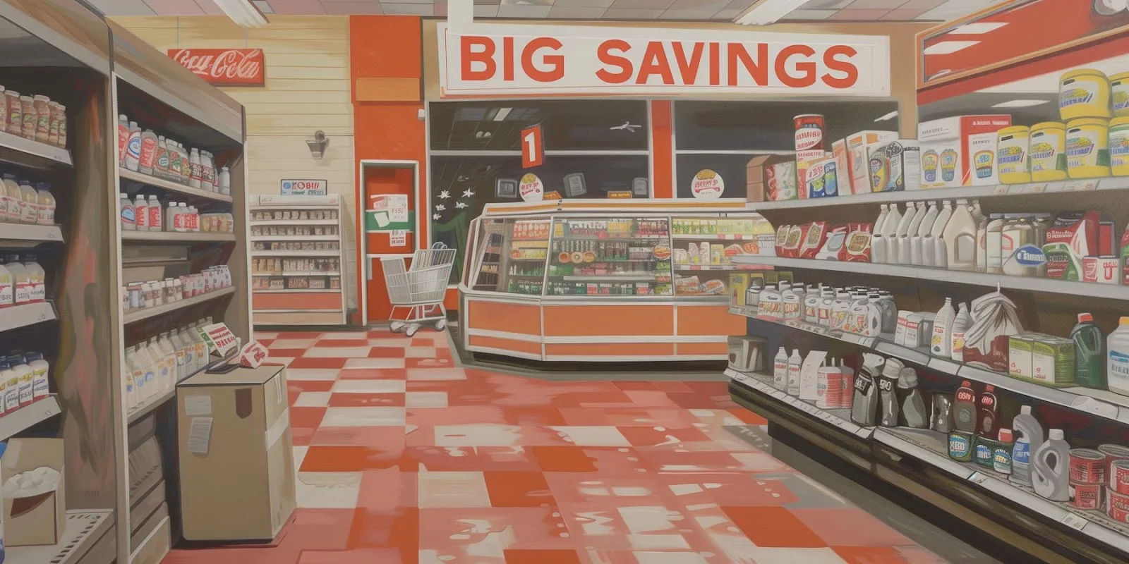 Interior of a grocery store with ‘Big Savings’ signage and fully stocked shelves of food and beverages
