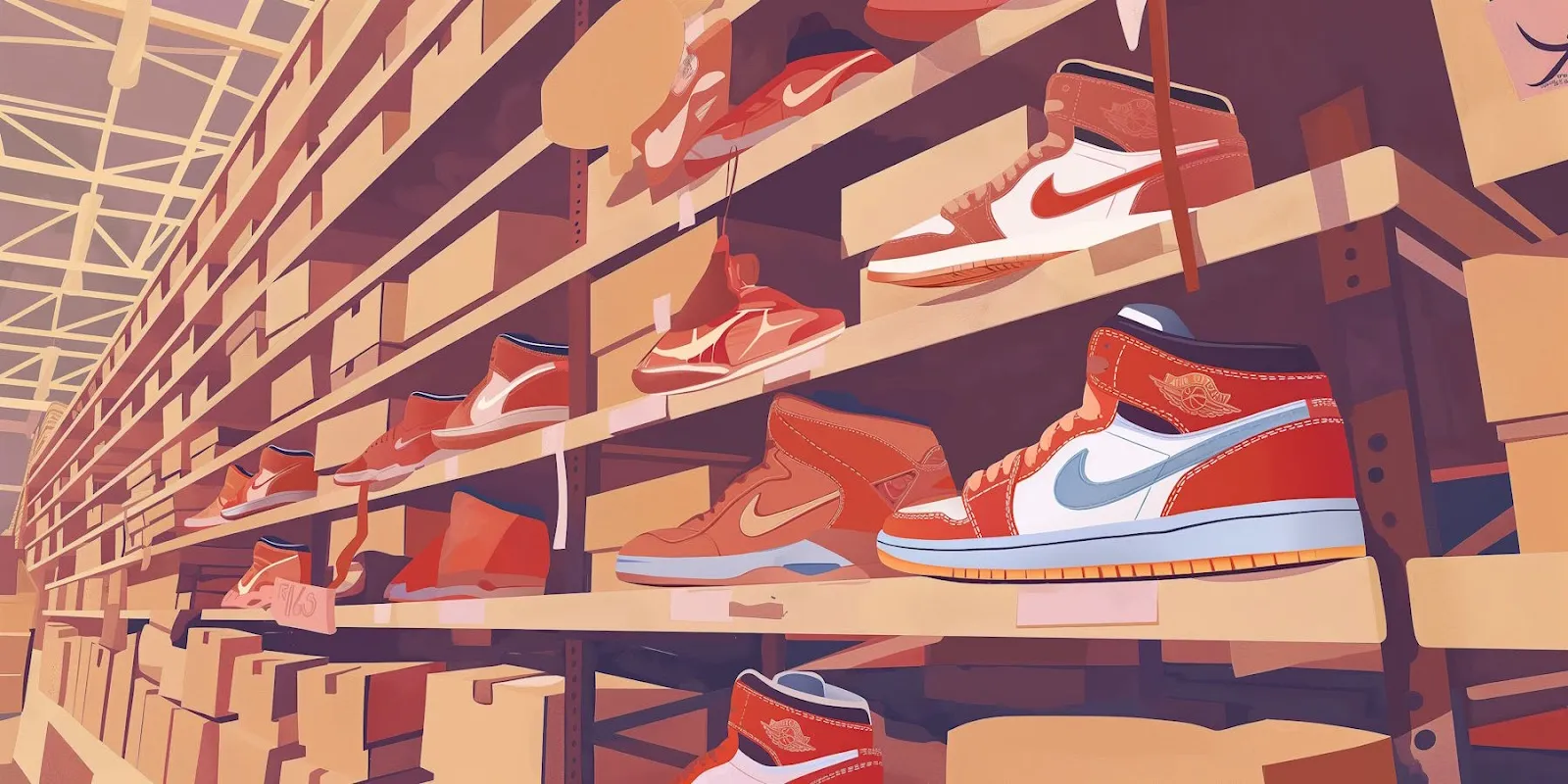Shoe store aisle with Nike sneakers displayed on shelves and stacked shoe boxes in the background