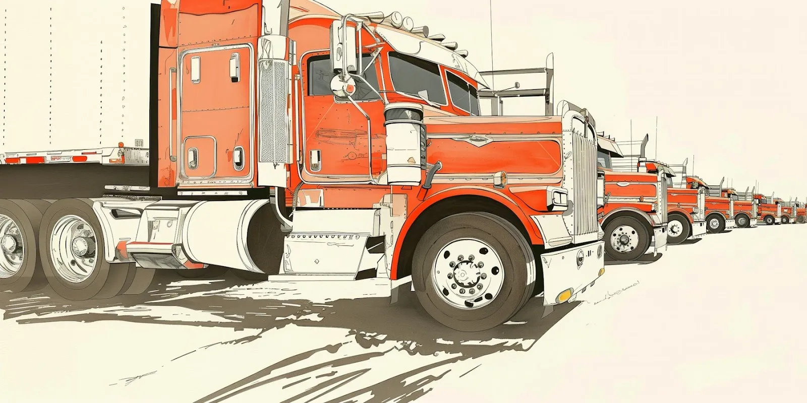 Fleet of red semi-trucks parked in a line, showcasing logistics and freight transportation readiness