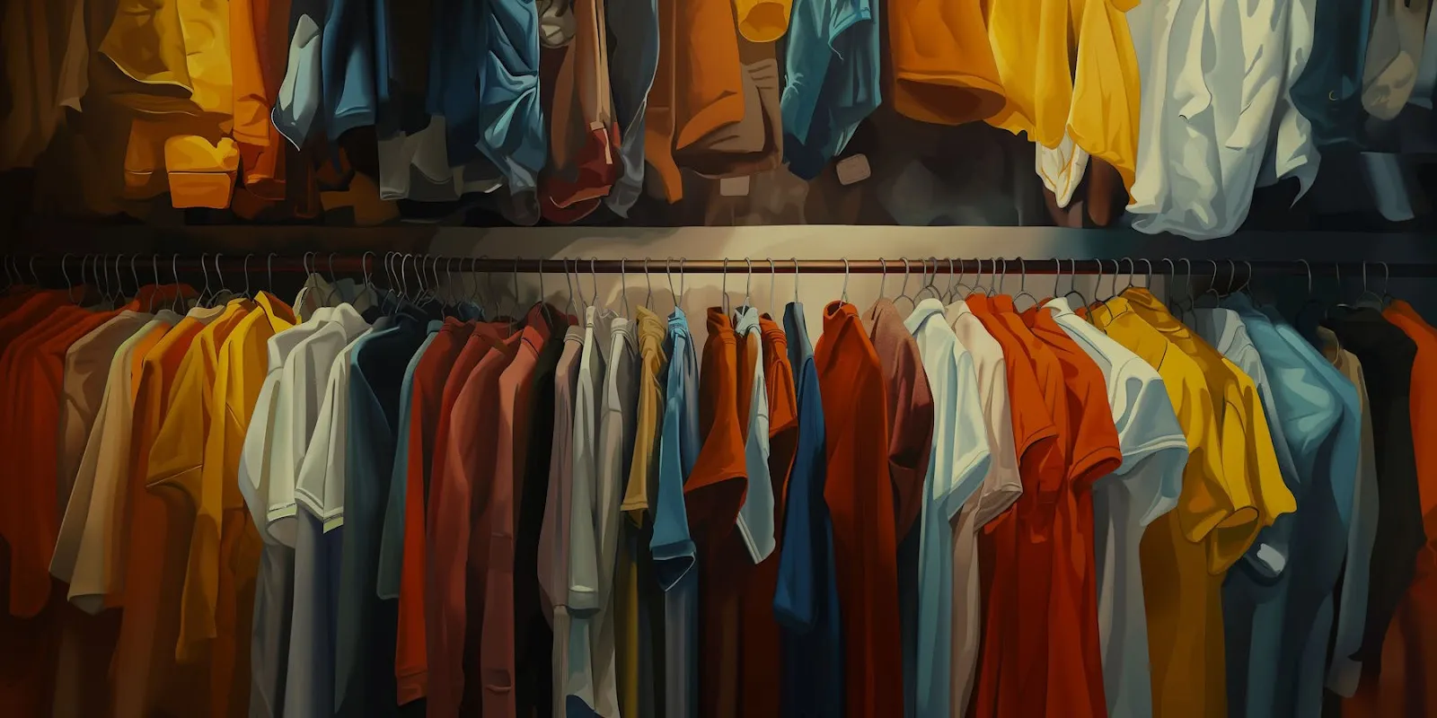 Clothing rack with a variety of colorful shirts and jackets neatly hung in a retail clothing store