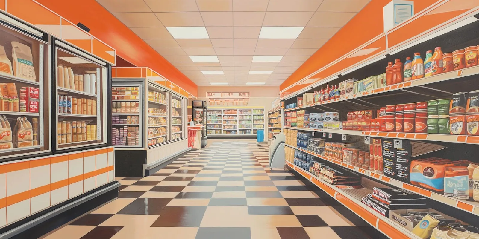 Grocery store aisle lined with shelves of packaged goods and refrigerated items in brightly lit interior