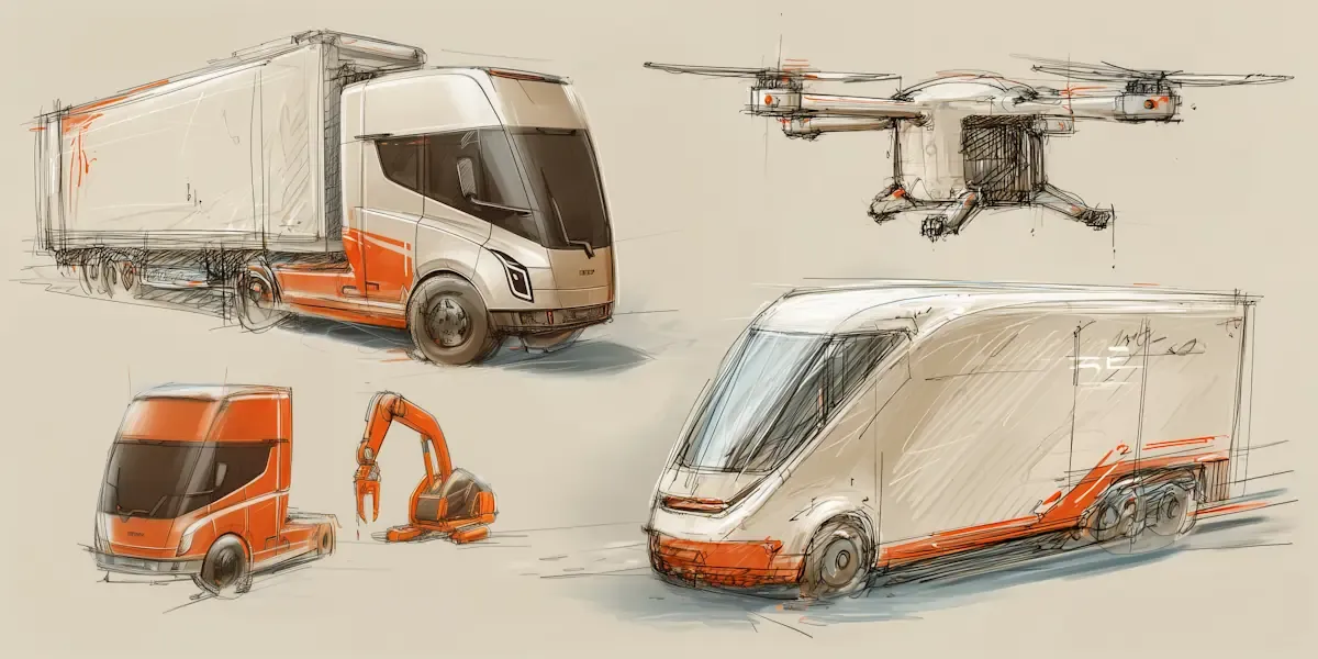 Concept sketches of autonomous trucks, delivery drones, and robotic arms for logistics