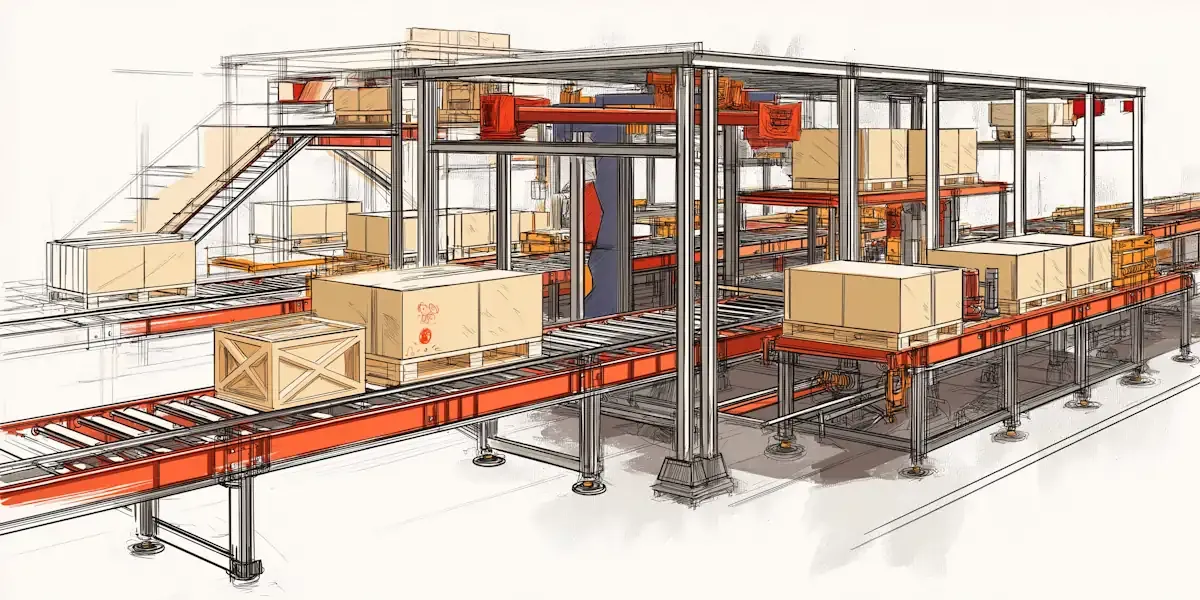 Automated storage and retrieval system with conveyor belts and packages in warehouse