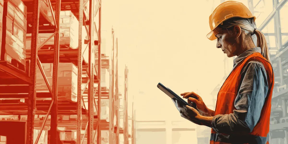 Warehouse manager wearing safety vest and helmet using tablet for inventory control