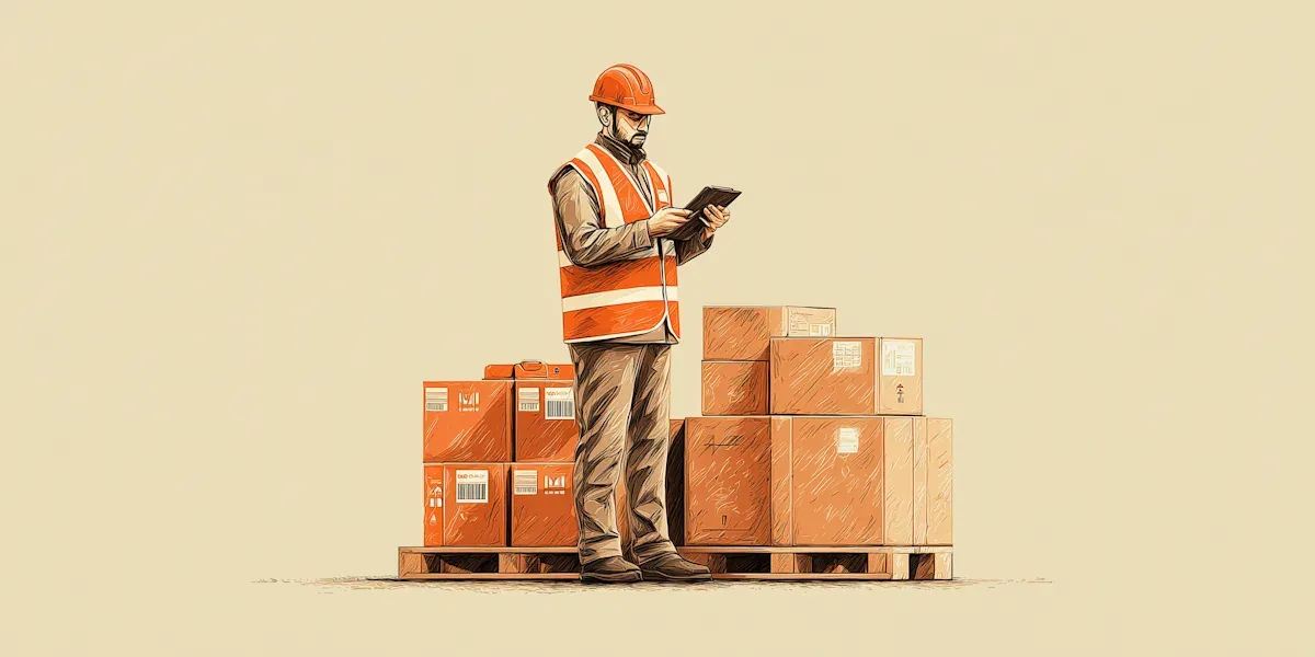 Warehouse worker scanning packages with handheld device near pallet of boxes