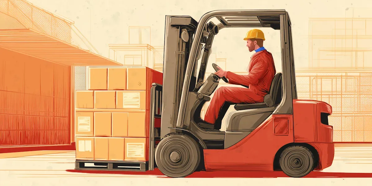 Forklift operator moving stacked boxes on pallet inside warehouse