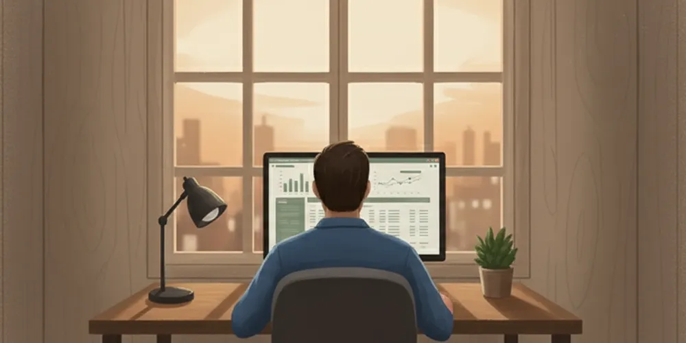 A man working at his desk in a blue shirt.