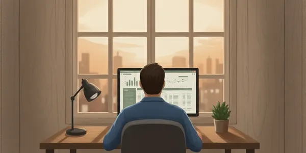A man working at his desk in a blue shirt.