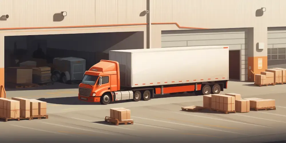 Freight truck parked at warehouse loading dock with pallets and packages prepared for distribution and logistics scheduling