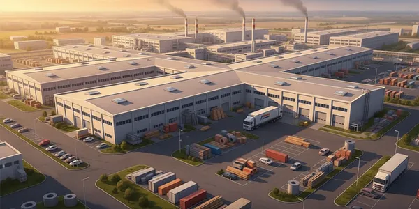 A large warehouse and parking lot on a sunny afternoon