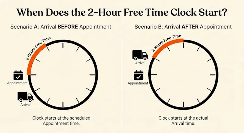 Infographic showing when 2-hour free time starts at a loading dock: before appointment arrivals start at scheduled time, after appointment arrivals start at actual arrival time.
