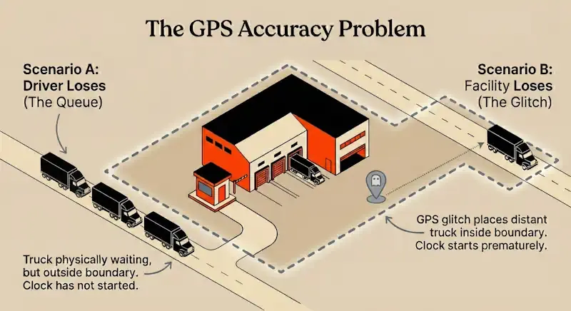 Infographic titled “The GPS Accuracy Problem” showing warehouse geofence errors where trucks are either outside the boundary while waiting or incorrectly logged inside due to GPS glitches.