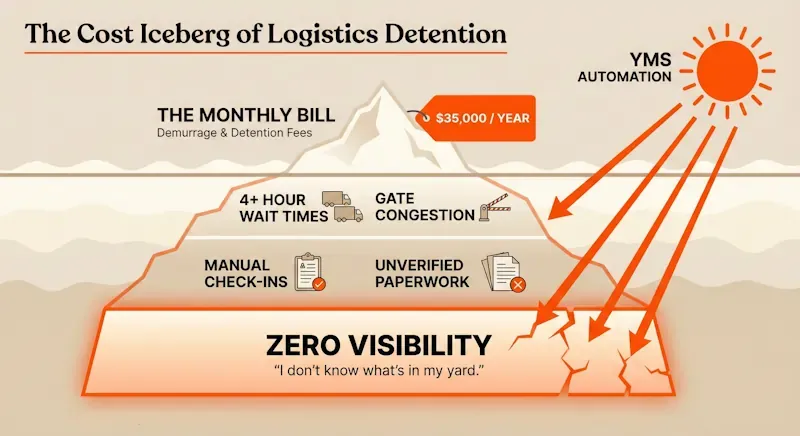 Infographic titled “The Cost Iceberg of Logistics Detention” showing hidden costs like wait times, gate congestion, manual check-ins, and zero yard visibility beneath monthly demurrage and detention fees.