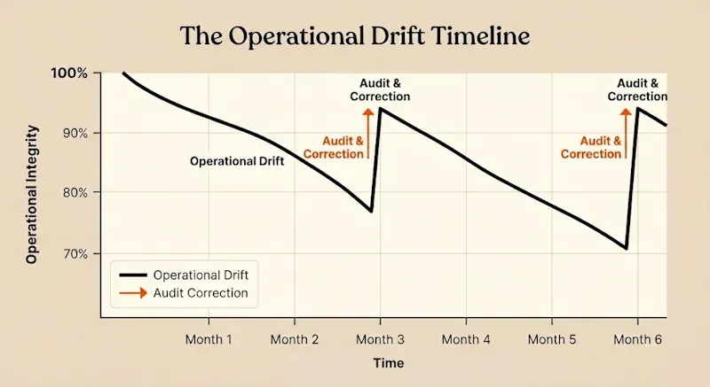 Line graph showing operational integrity declining over six months due to operational drift, with sharp improvements at months 3 and 6 marked as audit and correction points.