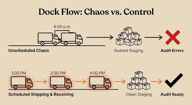 Infographic titled ‘Dock Flow: Chaos vs. Control’ showing unscheduled truck arrivals causing rushed staging and audit errors versus scheduled shipping times leading to clean staging and audit-ready operations.