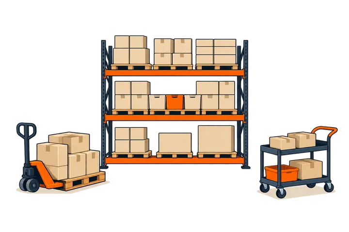 Warehouse storage rack with cartons, a loaded pallet truck and a picking cart