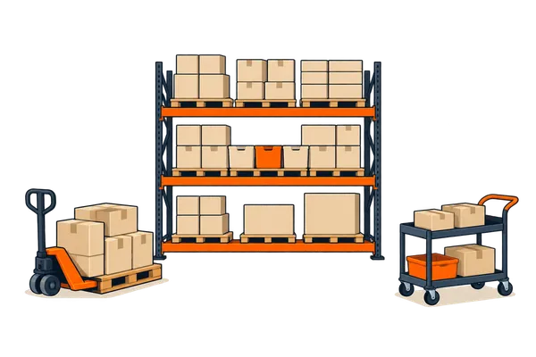 Warehouse storage rack with cartons, a loaded pallet truck and a picking cart