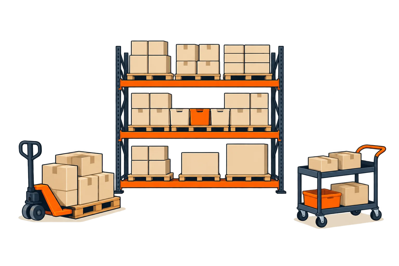 A rack bay with a middle-level stock location, reserve stock on a pallet to its left and a picking cart to its right.