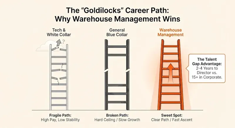 Infographic comparing career paths, showing warehouse management as the “Goldilocks” option with clear growth and faster advancement versus unstable tech and slow-growth blue-collar paths.