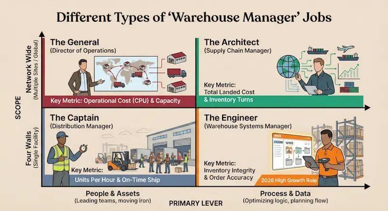 Infographic outlining four warehouse manager roles and their key performance metrics.