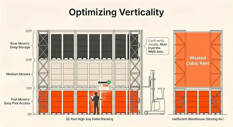 Warehouse diagram showing 32-foot high-bay pallet racking optimizing vertical storage vs. inefficient warehouse with wasted cubic space.