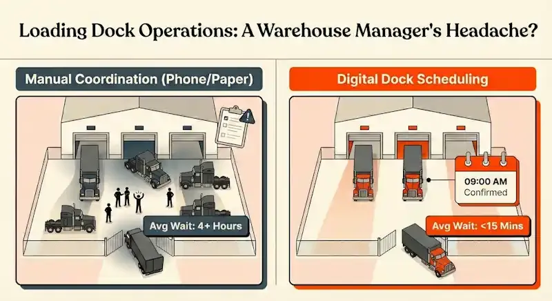 Warehouse loading dock comparison showing 4+ hour waits with manual scheduling vs under 15 minutes with digital scheduling.