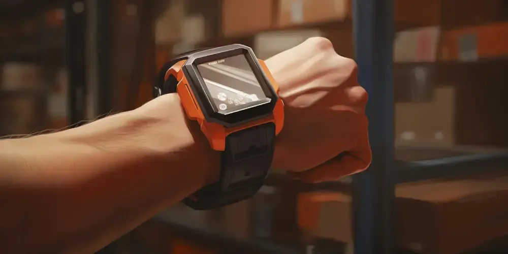 Close-up of an orange safety‑themed smartwatch worn in a warehouse, indicating real‑time tracking and time‑management in logistics