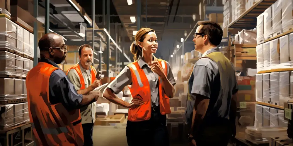 Warehouse staff in safety vests meeting near packed shelves and pallets, discussing shipment or inventory operations