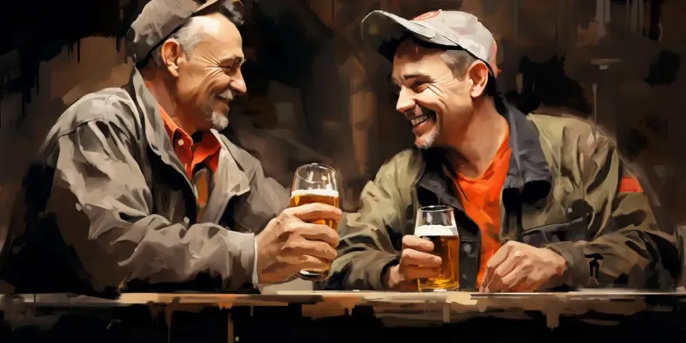Two men in work jackets sharing a toast with beers at a bar, laughing and celebrating