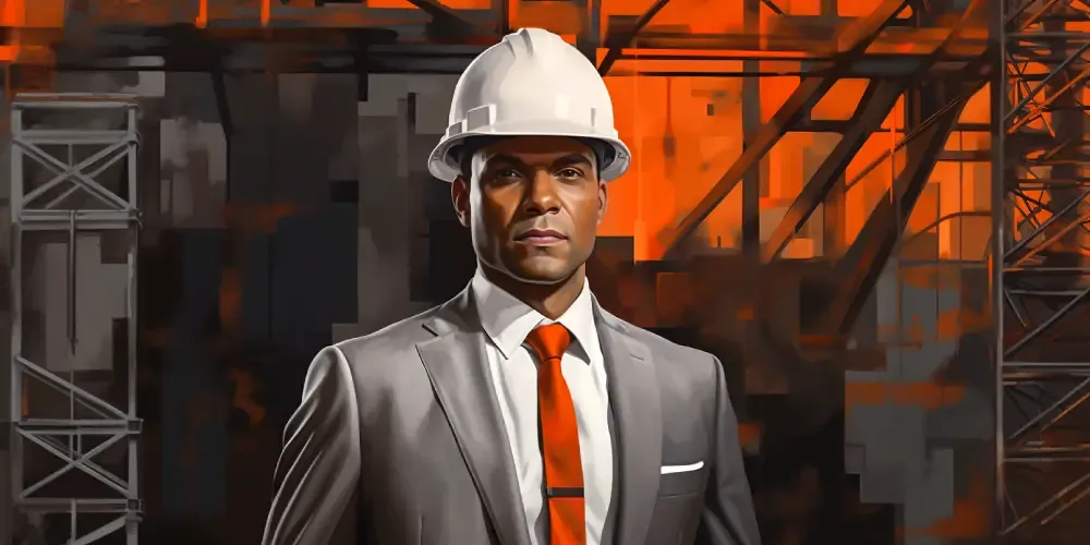 Confident construction executive in a suit and white hard hat standing in front of industrial scaffolding and orange-lit building framework